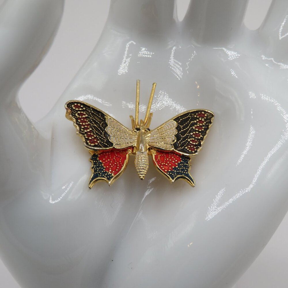 Vintage Spain Damascene Style Enamel Gold Tone Butterfly Brooch